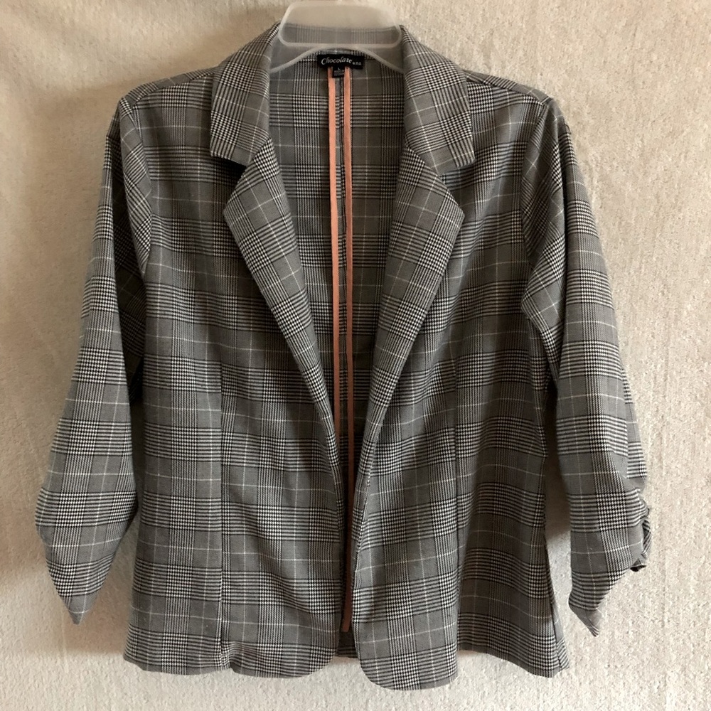 Plaid open blazer ruched 3/4 sleeves
